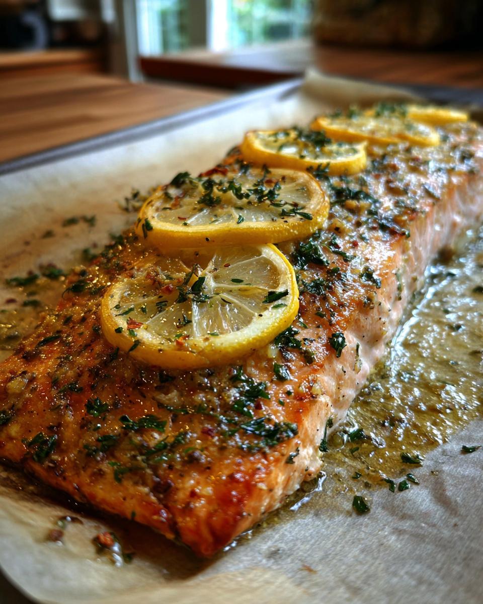Close-up of a whole baked salmon fillet topped with lemon slices and fresh herbs.
