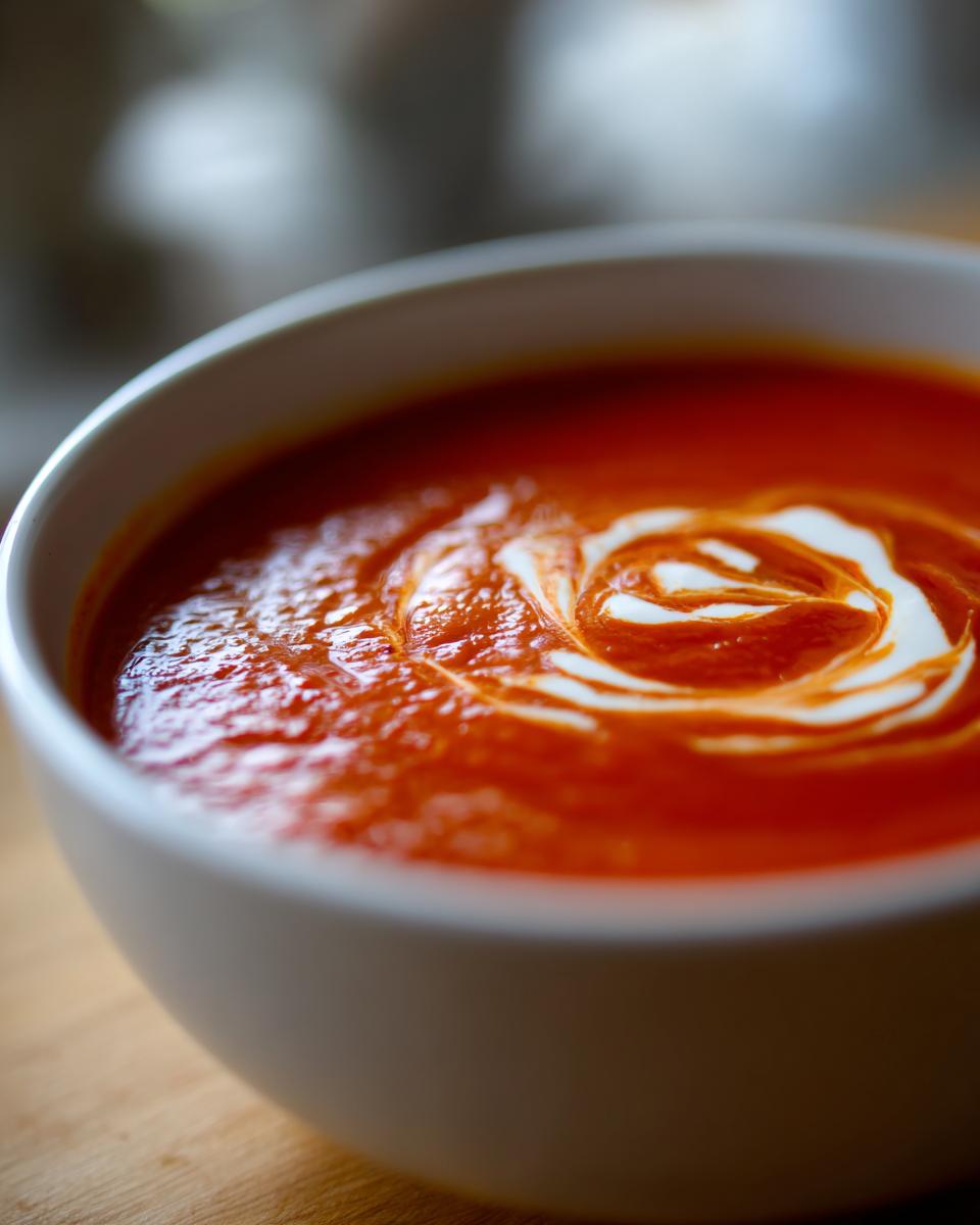 Close-up of a bowl of vibrant Tomato Soup with a swirl of cream on top.