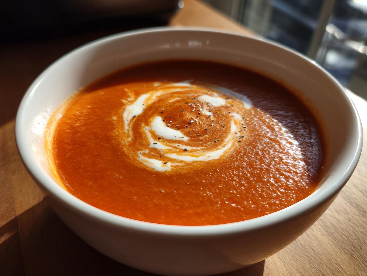 A close-up of a white bowl filled with vibrant Tomato Soup, topped with a swirl of cream and black pepper.
