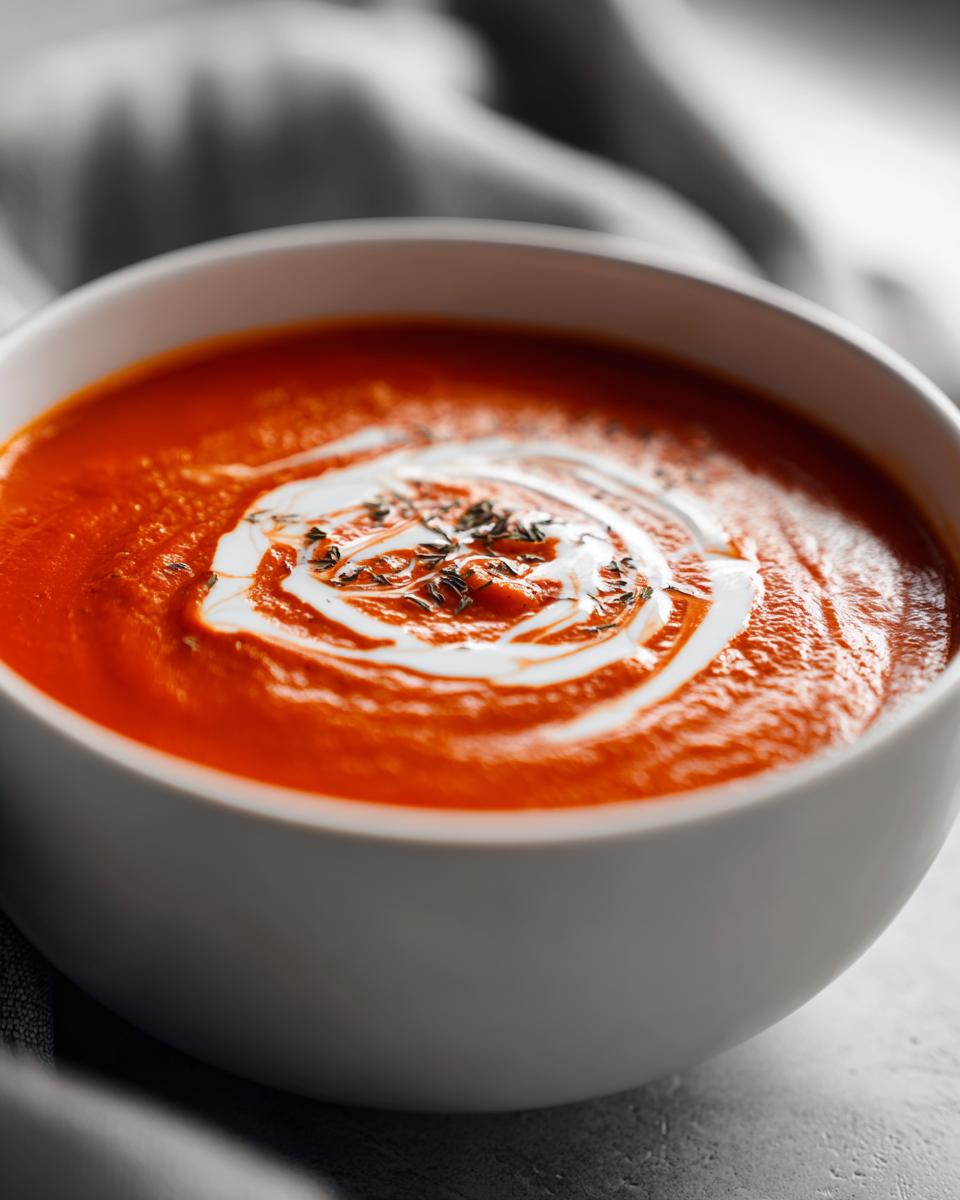 A close-up of a white bowl filled with vibrant Tomato Soup, topped with a swirl of cream and dried herbs.