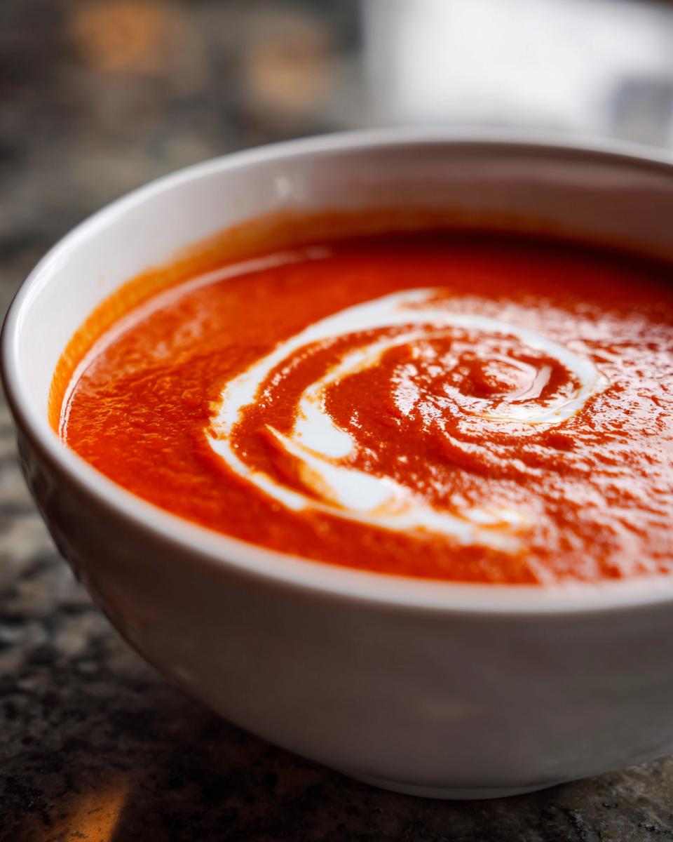 A close-up of a white bowl filled with vibrant red Tomato Soup, featuring a swirl of cream on top.
