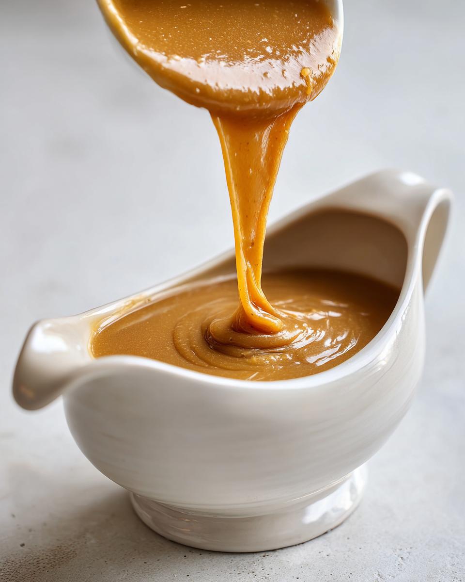A ladle pouring rich, golden turkey gravy into a white gravy boat.