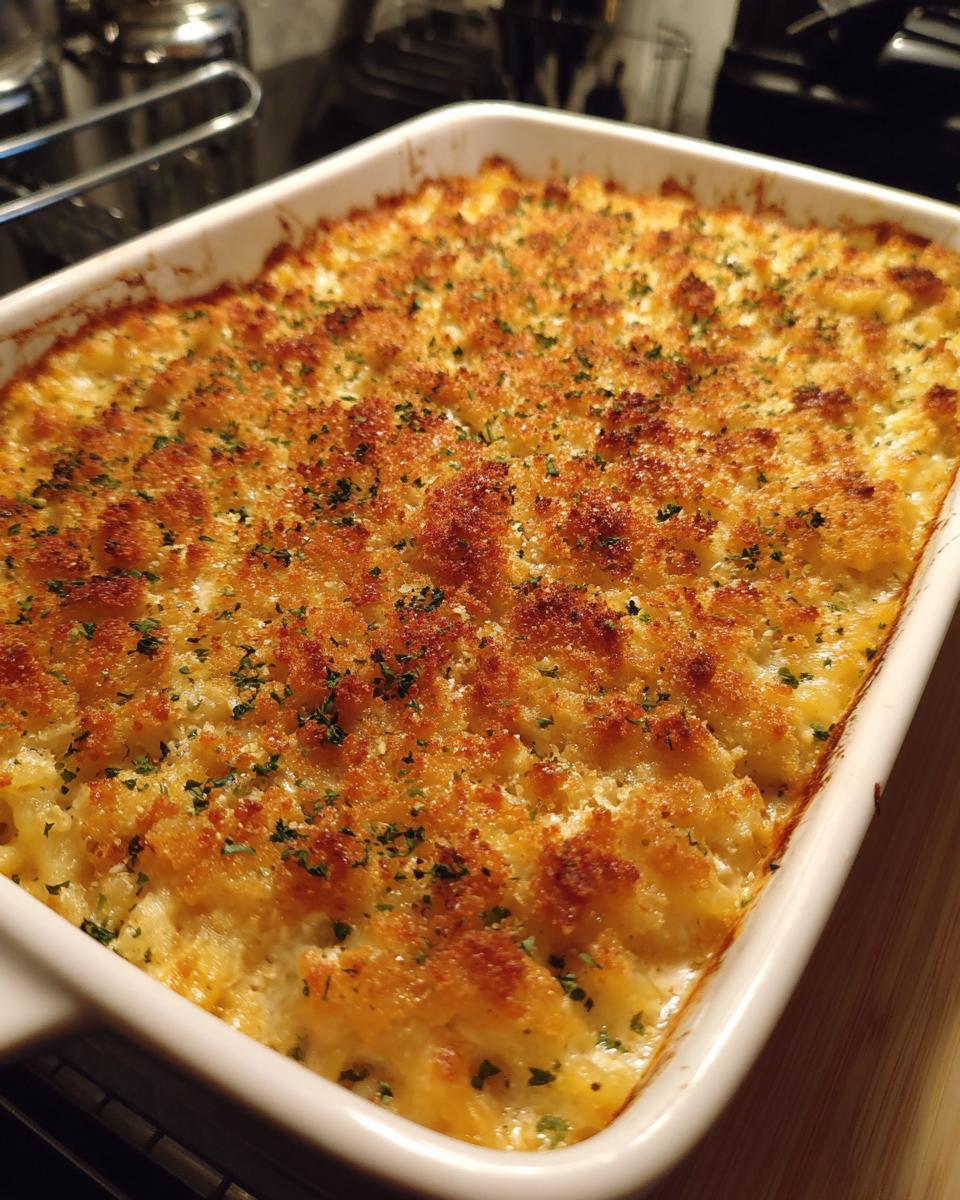 A close-up of a golden-brown baked Turkey Tetrazzini casserole in a white dish, topped with breadcrumbs and parsley.