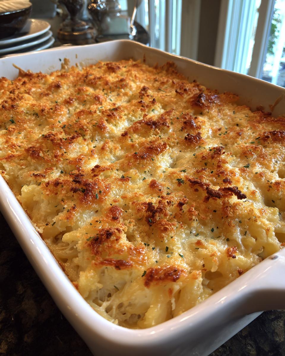 Close-up of a golden-brown baked Turkey Tetrazzini in a white casserole dish, topped with crispy breadcrumbs and herbs.