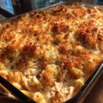 Close-up of a bubbling Turkey Tetrazzini casserole with a golden-brown breadcrumb topping.