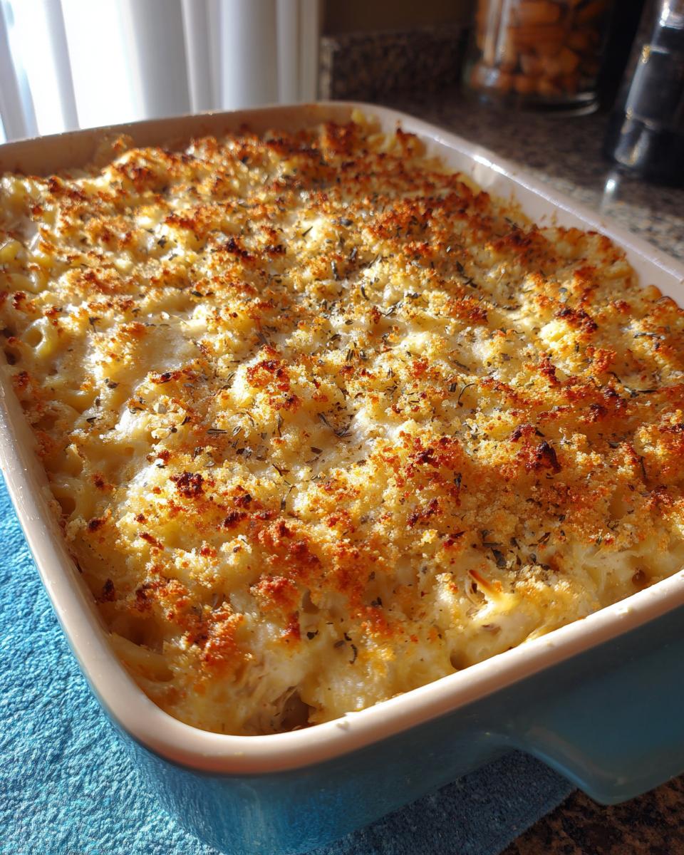 Close-up of a freshly baked Turkey Tetrazzini casserole in a blue baking dish, with a golden-brown breadcrumb topping.