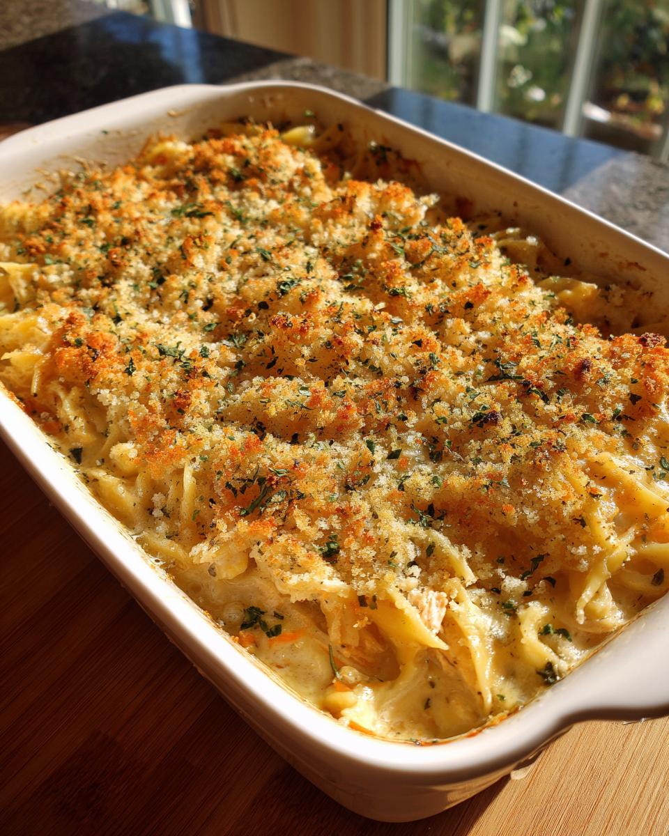 A freshly baked Turkey Tetrazzini casserole in a white baking dish, topped with golden breadcrumbs and herbs.