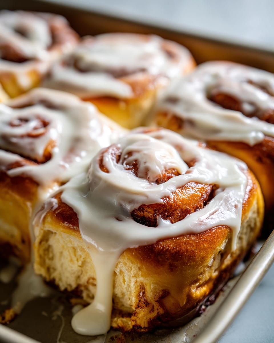 Close-up of warm, gooey cinnamon rolls topped with dripping cream cheese frosting in a baking pan.