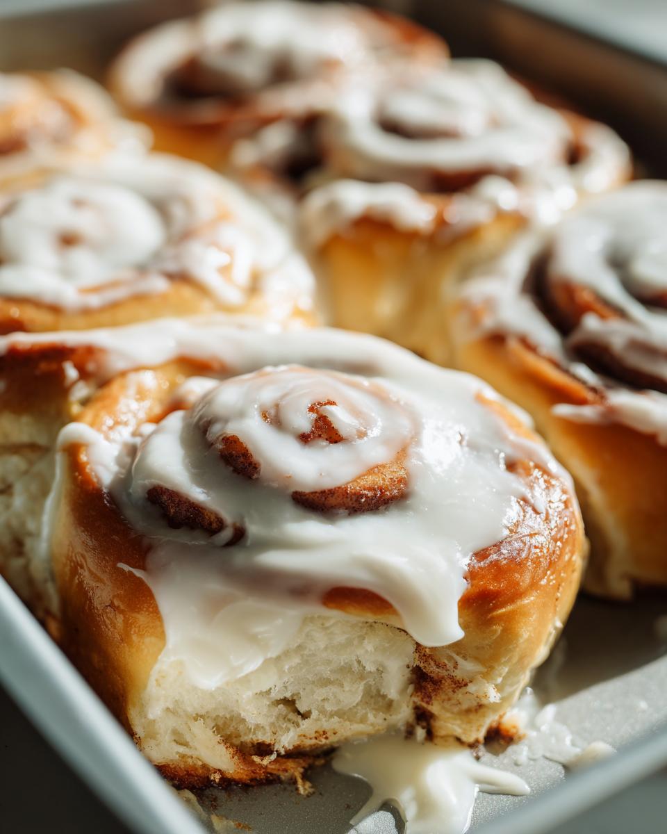 Close-up of freshly baked cinnamon rolls, generously topped with creamy white icing.