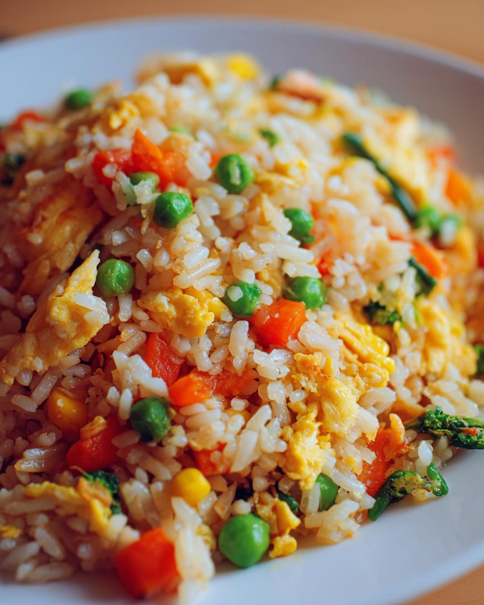 A close-up of a plate of vibrant vegetable fried rice, featuring rice, peas, carrots, corn, and scrambled egg.