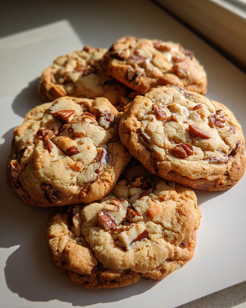 A close-up shot of warm Maple Pecan Cookies, showcasing their golden-brown texture and generous pecan chunks.