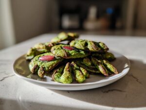 A pile of green Witch Finger Cookies with almonds for fingernails, arranged on a white plate.