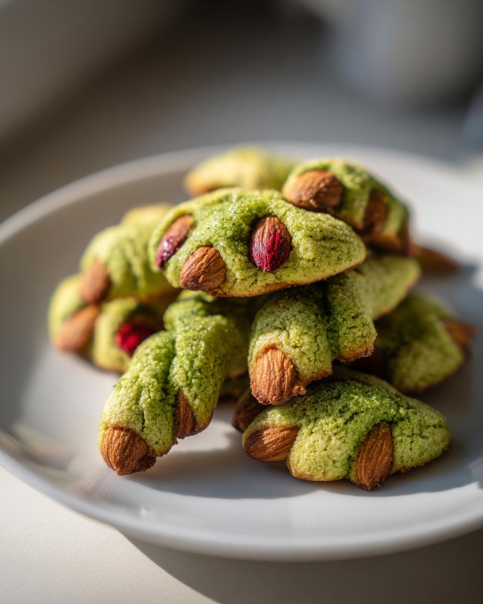 Close-up of a pile of green Witch Finger Cookies, each adorned with almonds for nails and a touch of red.
