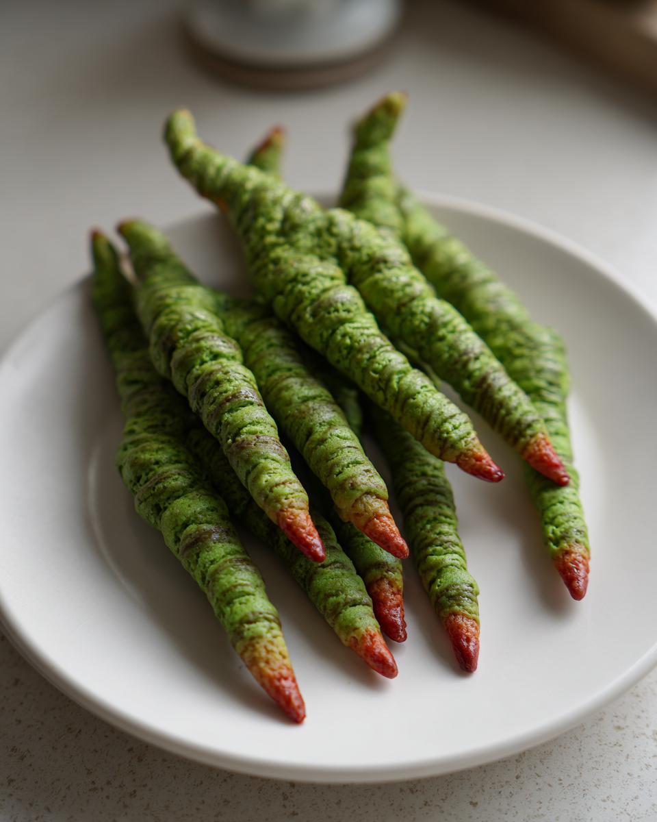 A pile of green Witch Finger Cookies with red tips on a white plate.