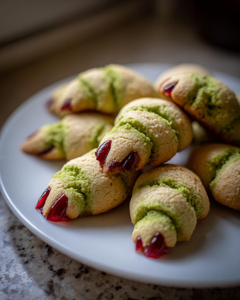 Close-up of spooky Witch Finger Cookies with green icing and red jam "nails" on a white plate.