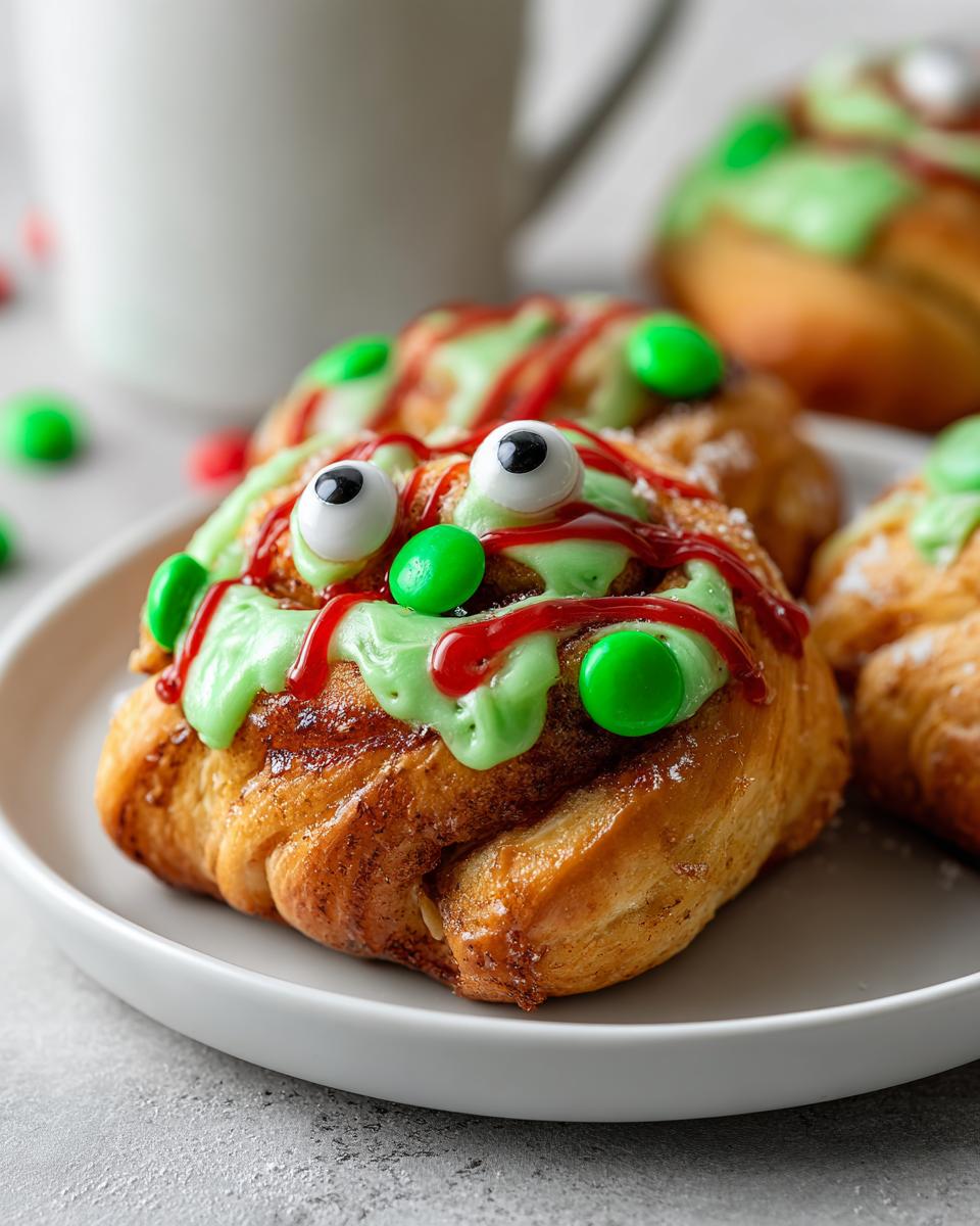 Close-up of a ghastly Zombie Cinnamon Roll decorated with green icing, red drizzle, candy eyes, and green candies.