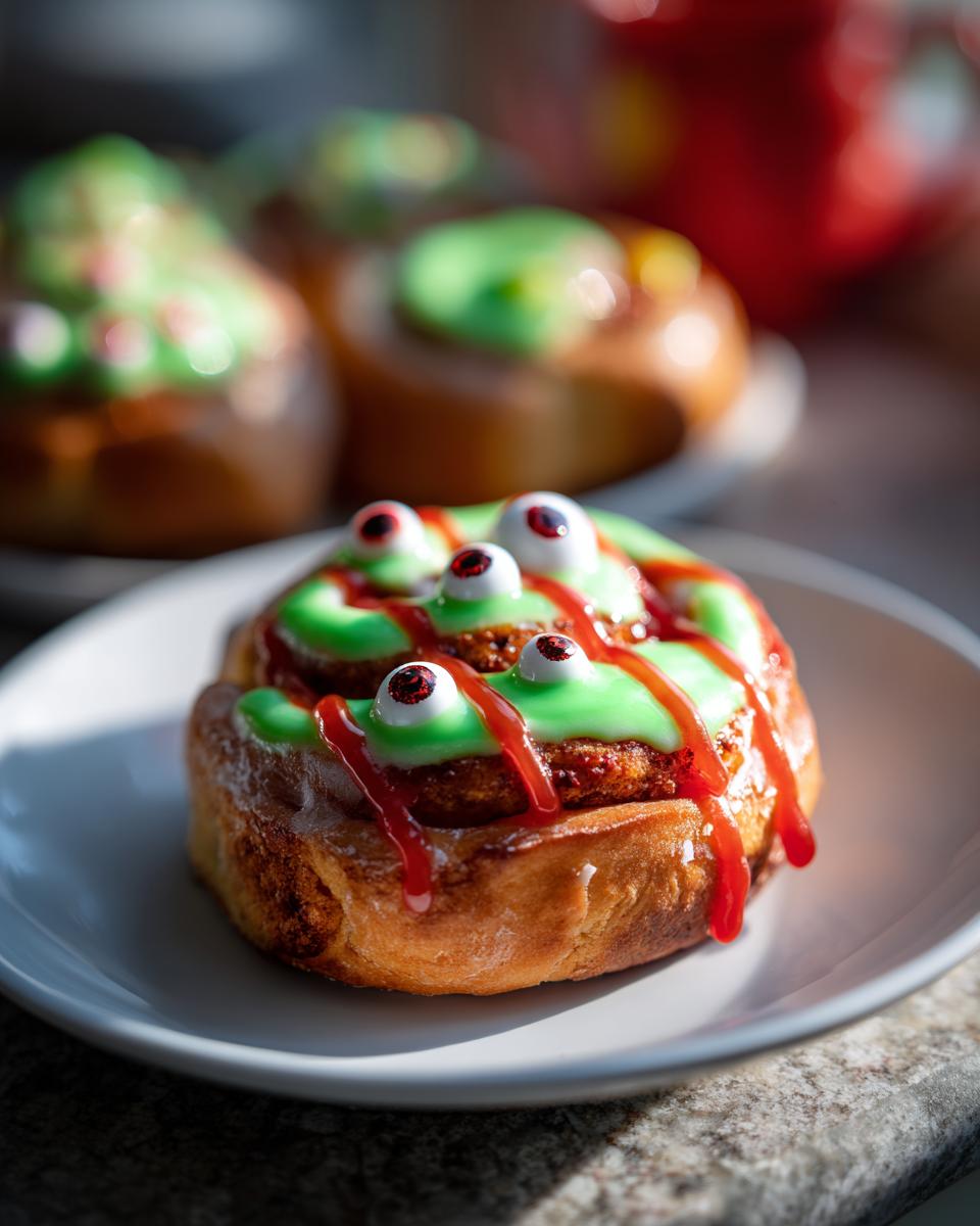Close-up of a Zombie Cinnamon Roll decorated with green icing, candy eyeballs, and red drizzle.