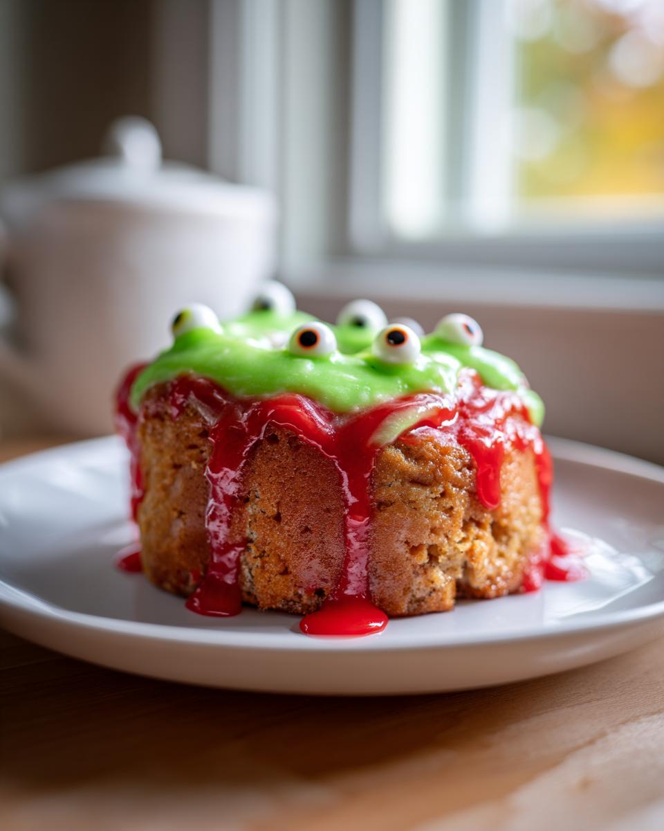 A single Zombie Cinnamon Roll topped with bright green icing, red "blood" drizzle, and edible candy eyeballs.