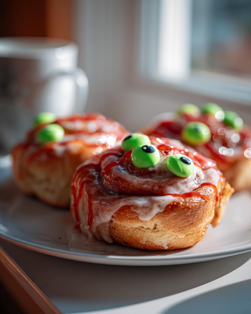 Close-up of three Zombie Cinnamon Rolls decorated with white icing, red drizzle, and green candy eyes.