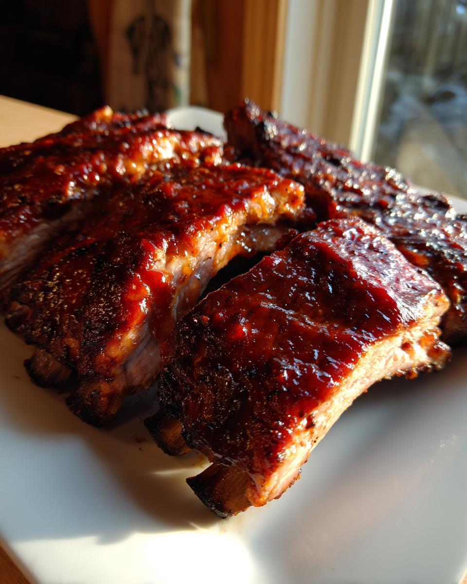 Close-up of several glistening, saucy BBQ ribs cut into portions, resting on a white plate.