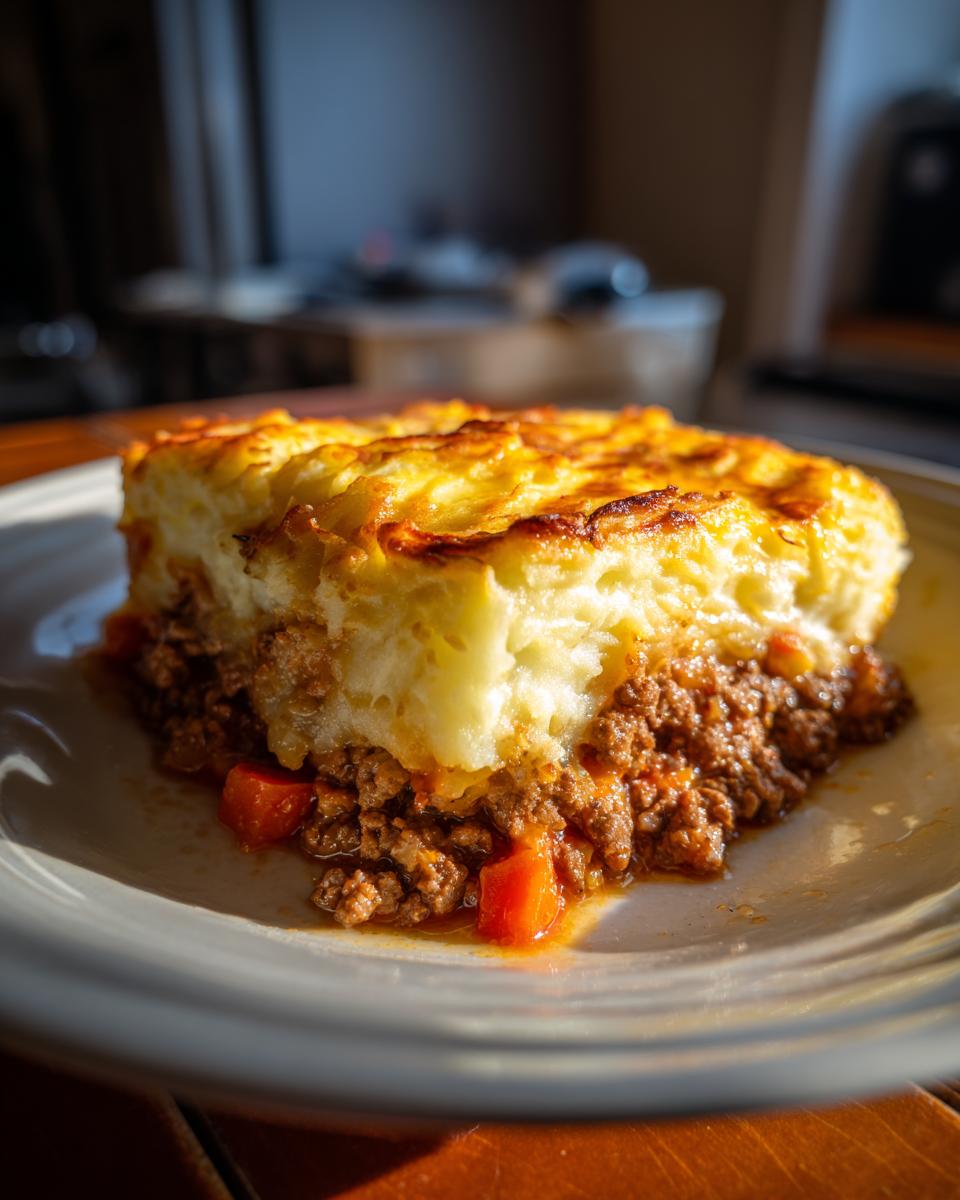 A thick slice of Shepherd’s pie with a golden, crispy potato topping over savory ground meat and carrots.