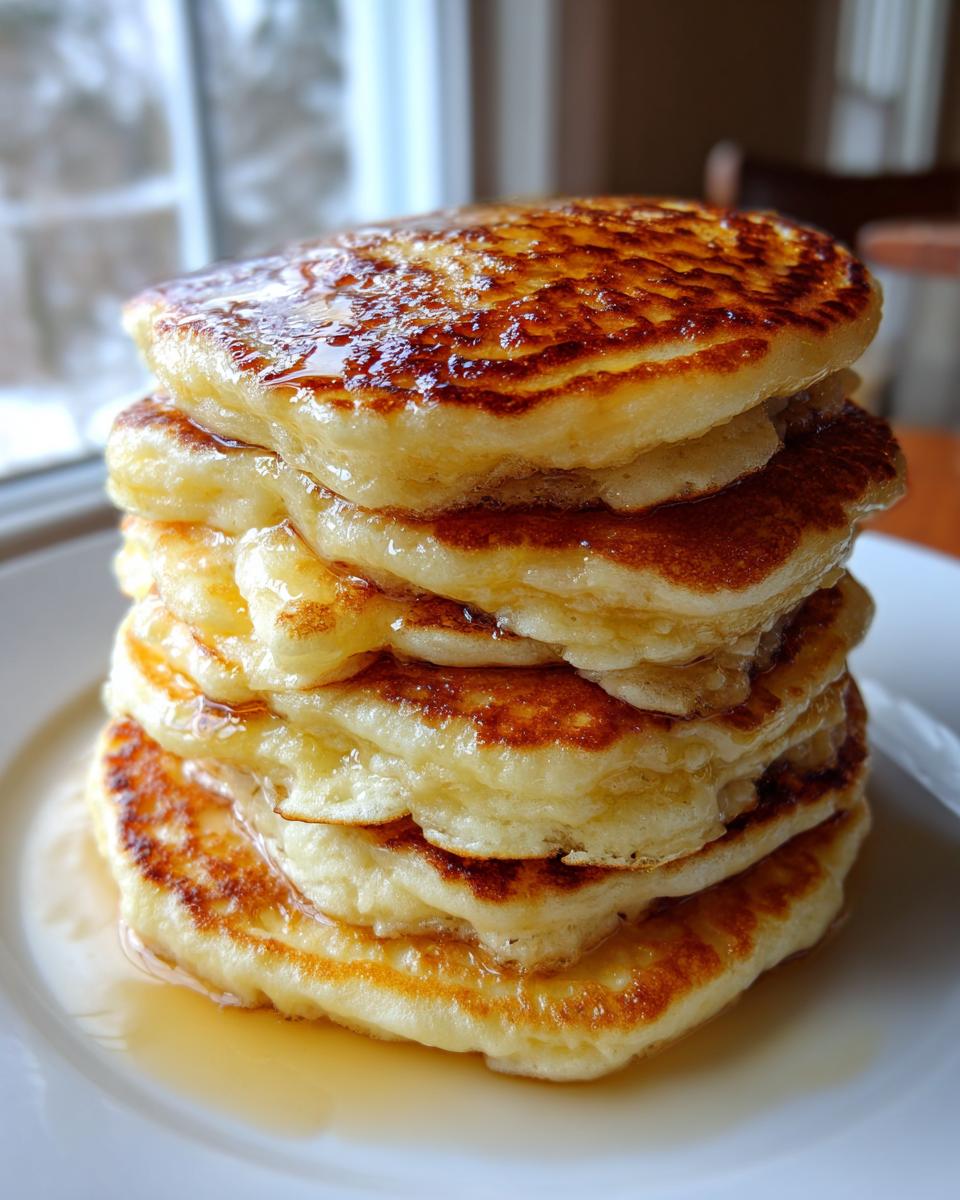 A tall stack of golden brown, fluffy pancakes dripping with syrup on a white plate.
