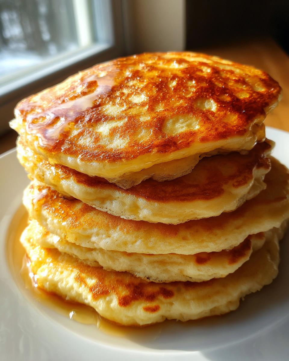 A tall stack of five fluffy, golden-brown pancakes drizzled with syrup, set against a bright window background.