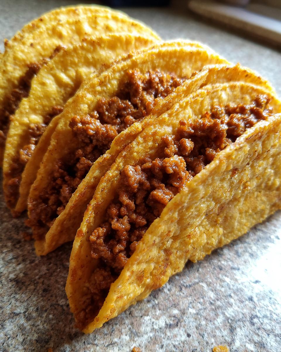 A close-up of four golden-brown, crispy beef tacos filled with seasoned ground beef.