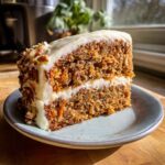 A moist slice of Amazing Carrot Cake with cream cheese frosting and chopped pecans.