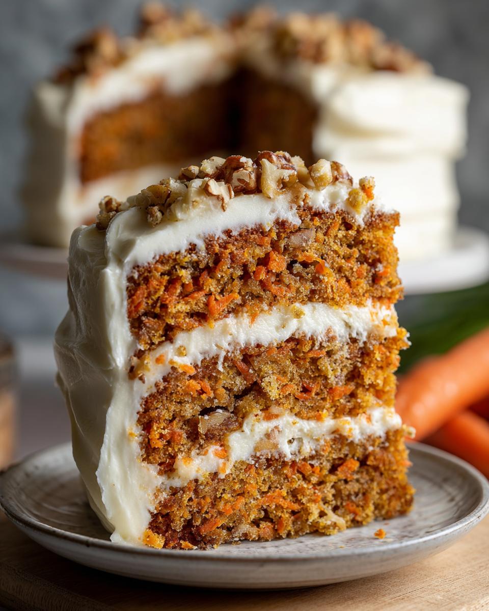 A close-up of a slice of moist carrot cake with cream cheese frosting and chopped walnuts on top. The cake has visible shredded carrots and layers of frosting.