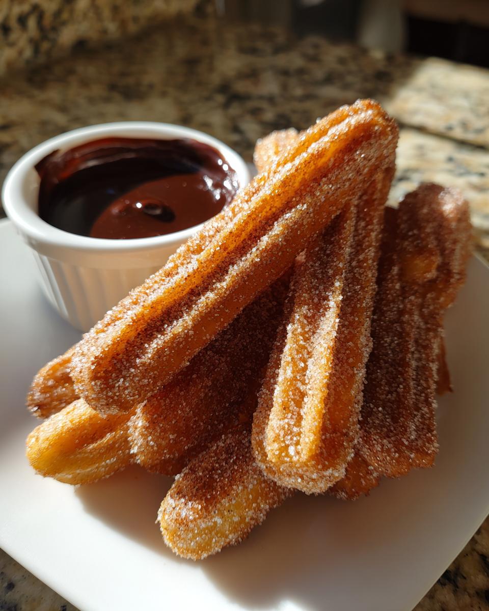 A stack of freshly fried, golden brown churros heavily coated in cinnamon sugar, served next to a small white bowl of rich chocolate dipping sauce.