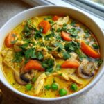 A close-up of a bowl of rich, yellow coconut curry soup filled with shredded chicken, bright orange carrots, mushrooms, and green peas.