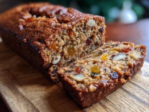 Close-up of a slice of amazing fruitcake, packed with dried fruits like raisins and apricots, and nuts.