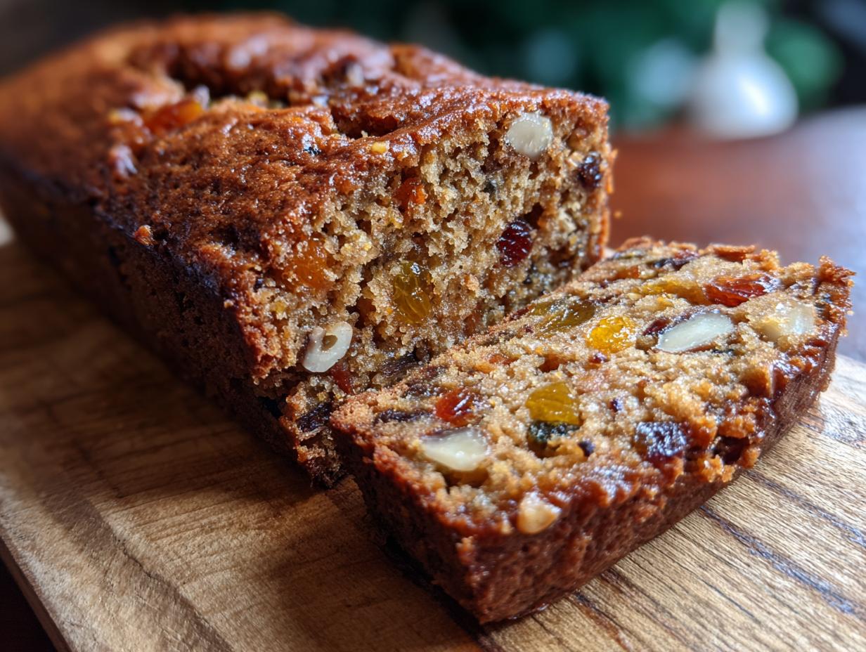Close-up of a slice of amazing fruitcake, packed with dried fruits like raisins and apricots, and nuts.