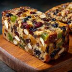 Close-up of a slice of rich fruitcake loaded with dried cranberries, raisins, candied fruit, and almonds on a wooden board.