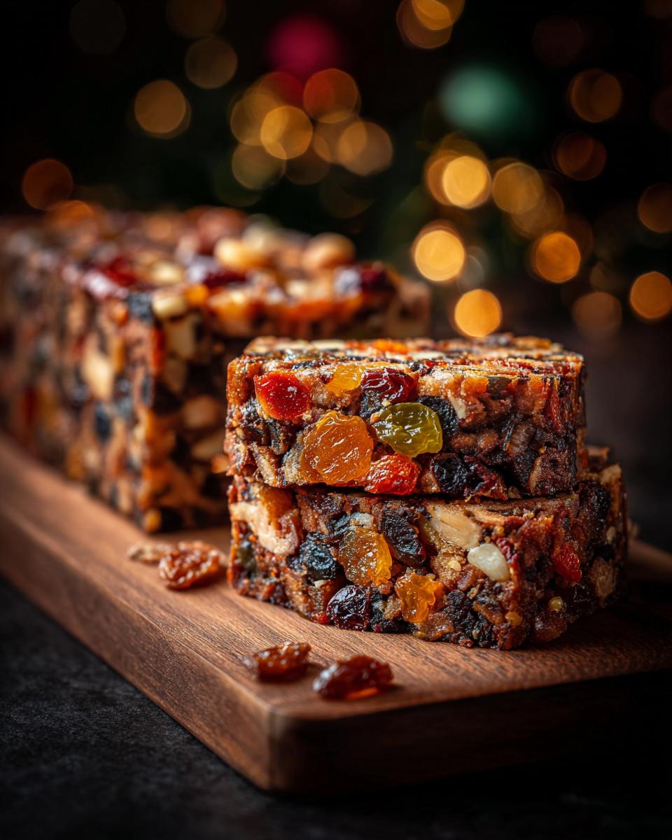 Close-up of two slices of delicious fruitcake, packed with dried fruits and nuts, on a wooden board.