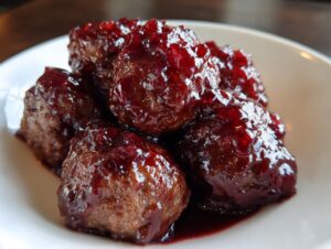Close-up of several savory Grape Jelly Meatballs coated in a thick, glossy, dark red grape jelly sauce.
