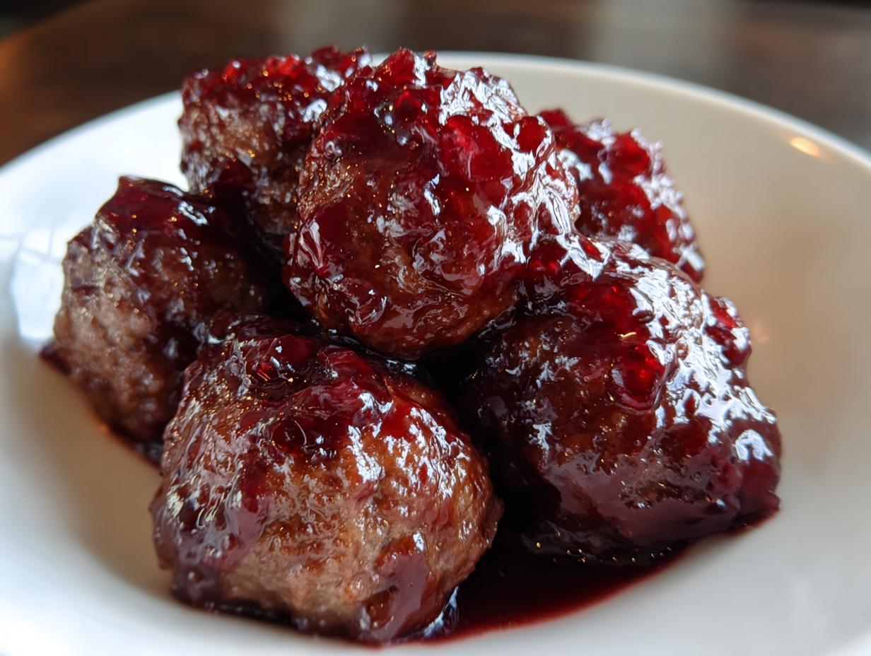 Close-up of several savory Grape Jelly Meatballs coated in a thick, glossy, dark red grape jelly sauce.