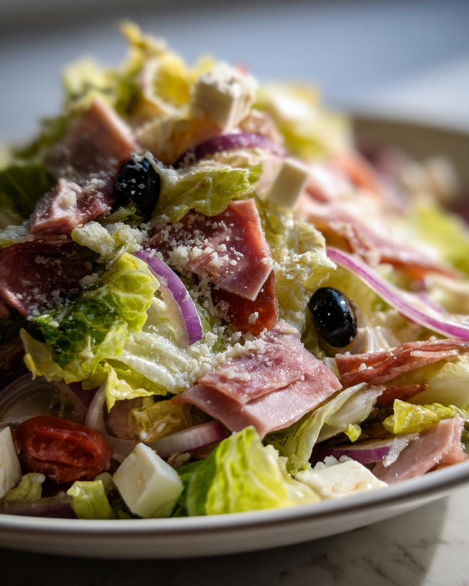 Close-up of a fresh grinder salad featuring lettuce, sliced deli meats, red onion, black olives, and cheese cubes.