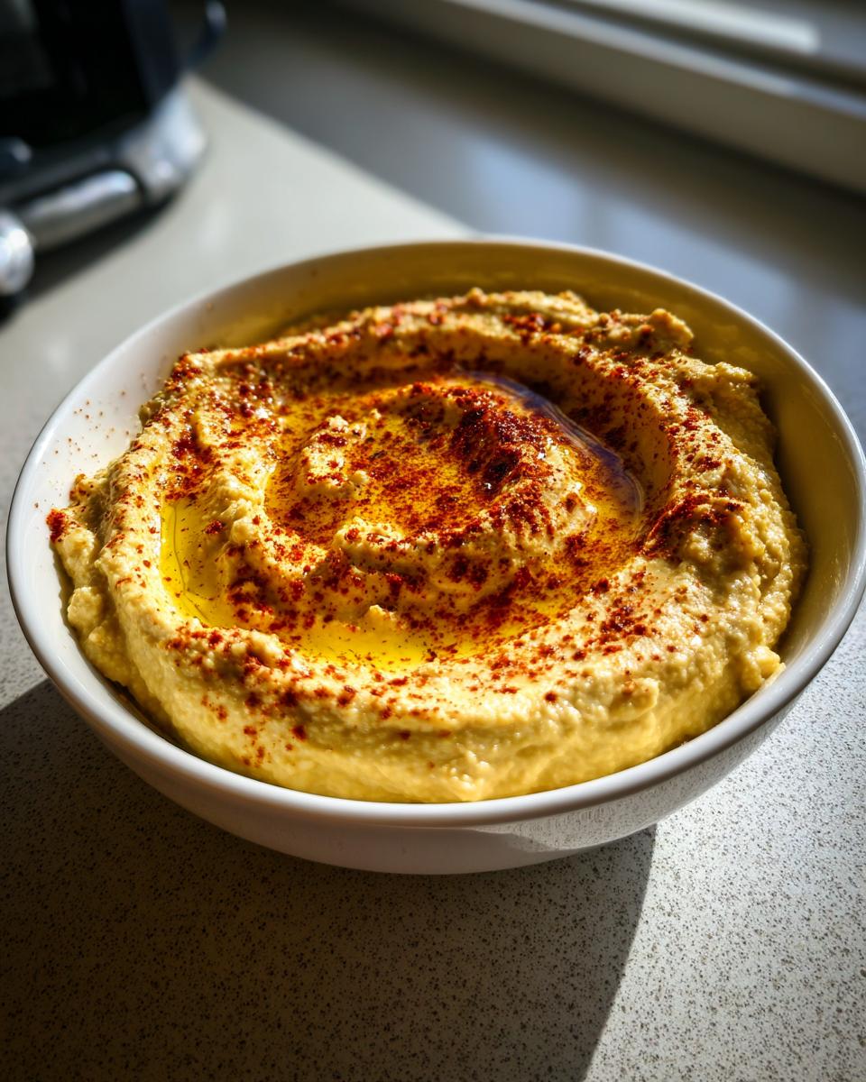 A close-up of creamy homemade hummus in a white bowl, drizzled with olive oil and sprinkled with paprika.