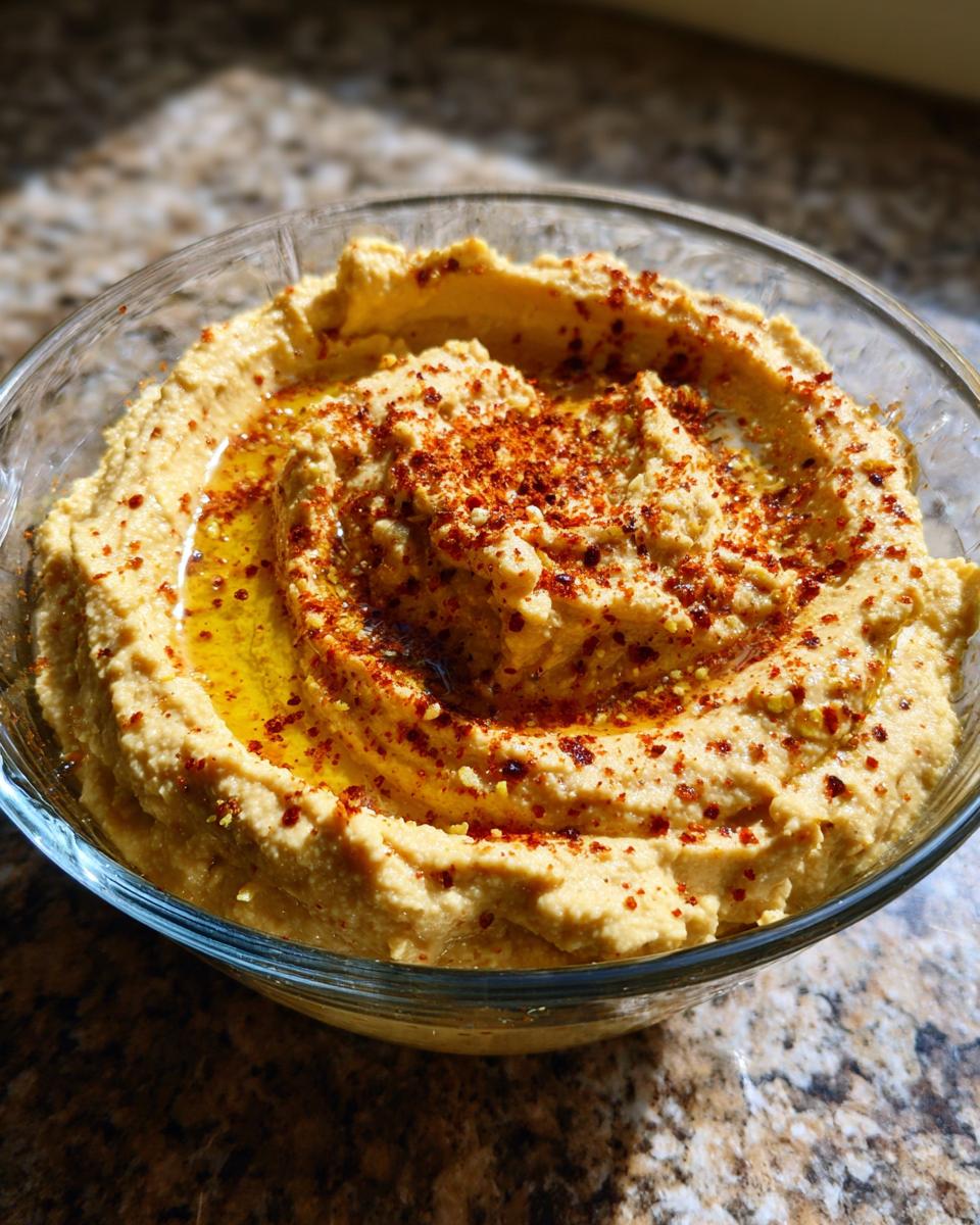 Close-up of creamy homemade hummus in a glass bowl, swirled and topped with olive oil and paprika.