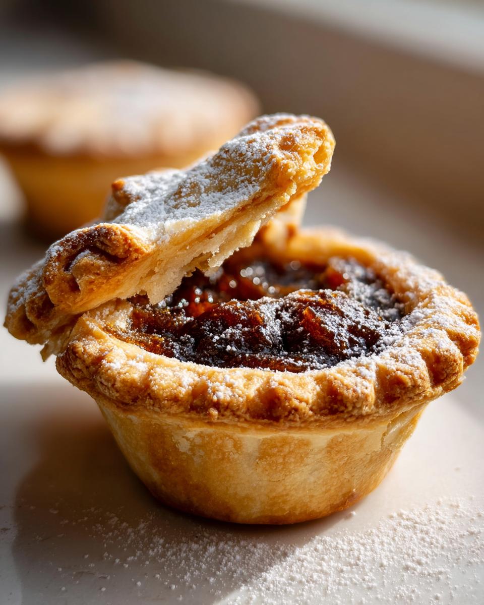 Close-up of a golden-crusted mince pie with the lid slightly ajar, dusted generously with powdered sugar.