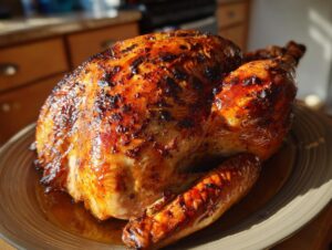 A perfectly roasted, golden-brown smoked turkey with crispy skin, resting on a serving platter.