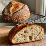 A split image showing a whole, beautifully baked sourdough bread loaf and a cross-section revealing an open, airy crumb structure.