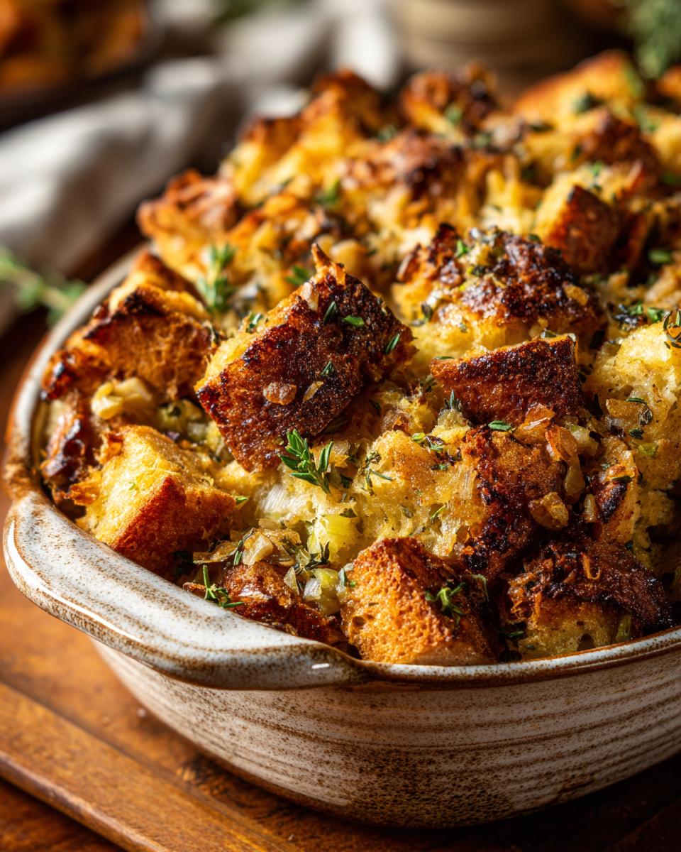 Close-up of a rustic baking dish filled with golden brown, crusty stuffing, garnished with fresh thyme.