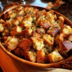 A close-up of delicious, golden-brown baked stuffing in a rustic brown dish, sprinkled with herbs.