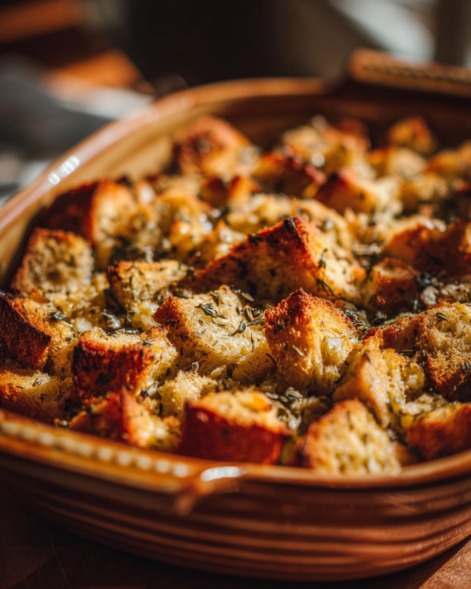 Close-up of a golden brown stuffing in a rustic baking dish, with visible herbs and toasted bread cubes.