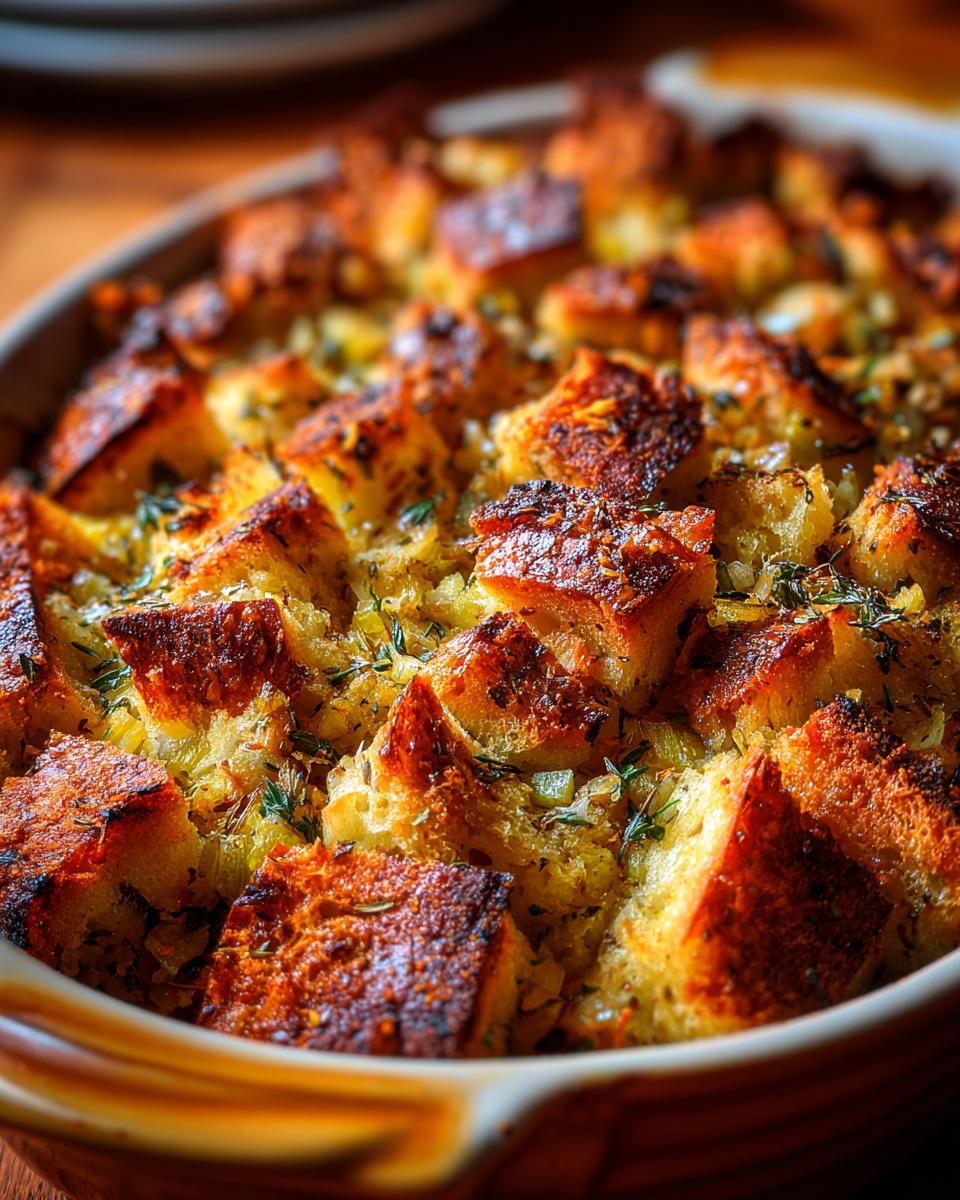 Close-up of a golden brown, oven-baked stuffing in a ceramic dish, featuring crusty bread cubes and herbs.