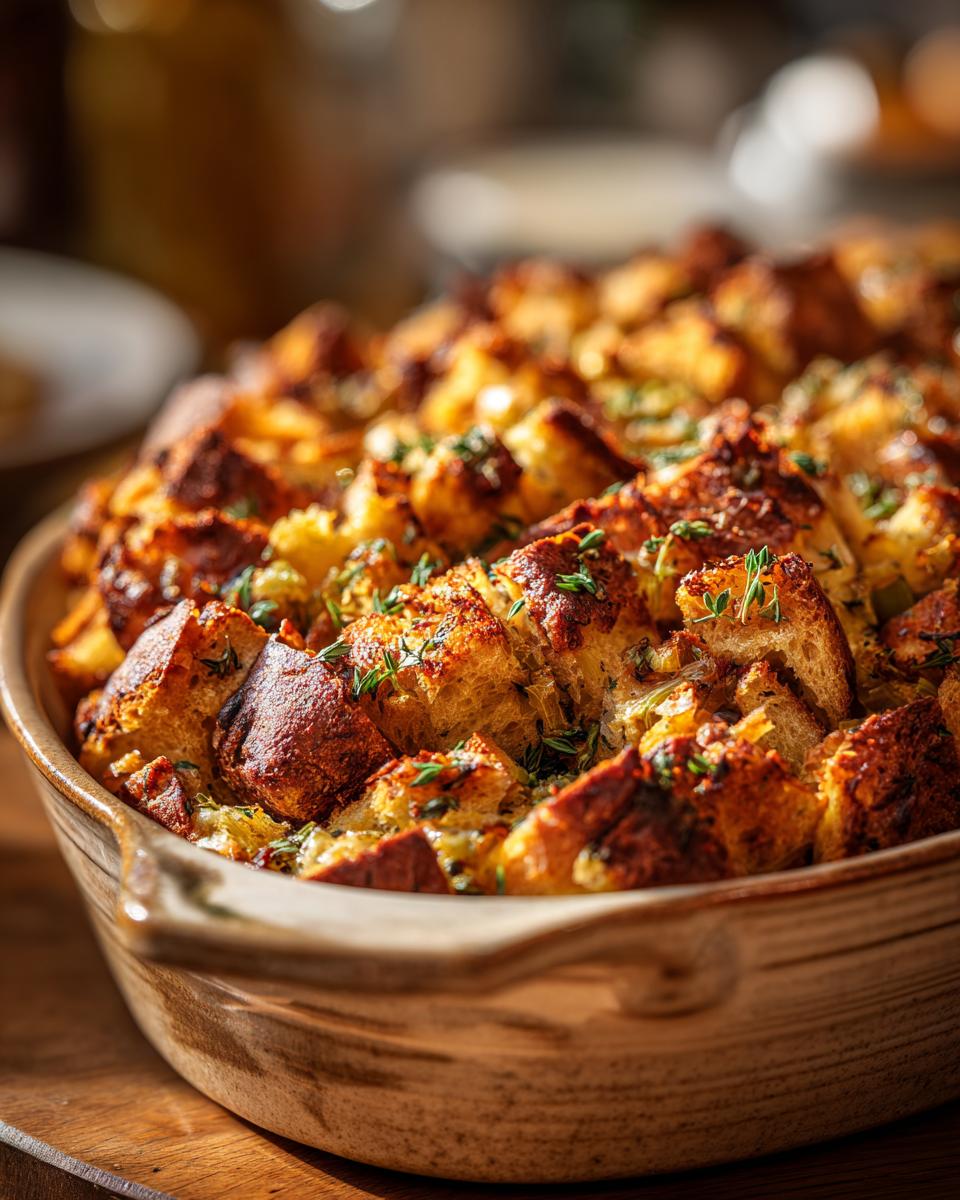 Close-up of a golden brown stuffing dish, made with bread cubes and herbs, ready to serve.