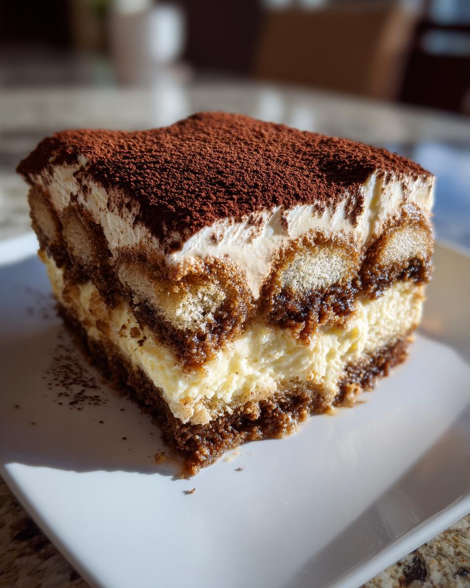A close-up of a rich, layered slice of Tiramisu topped generously with cocoa powder on a white plate.